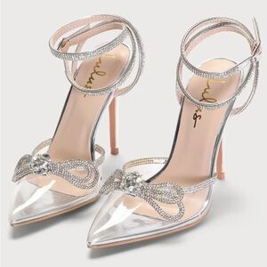 Lulu's Lullie Silver Vinyl Rhinestone Ankle Strap Pointed-Toe Pumps Heels